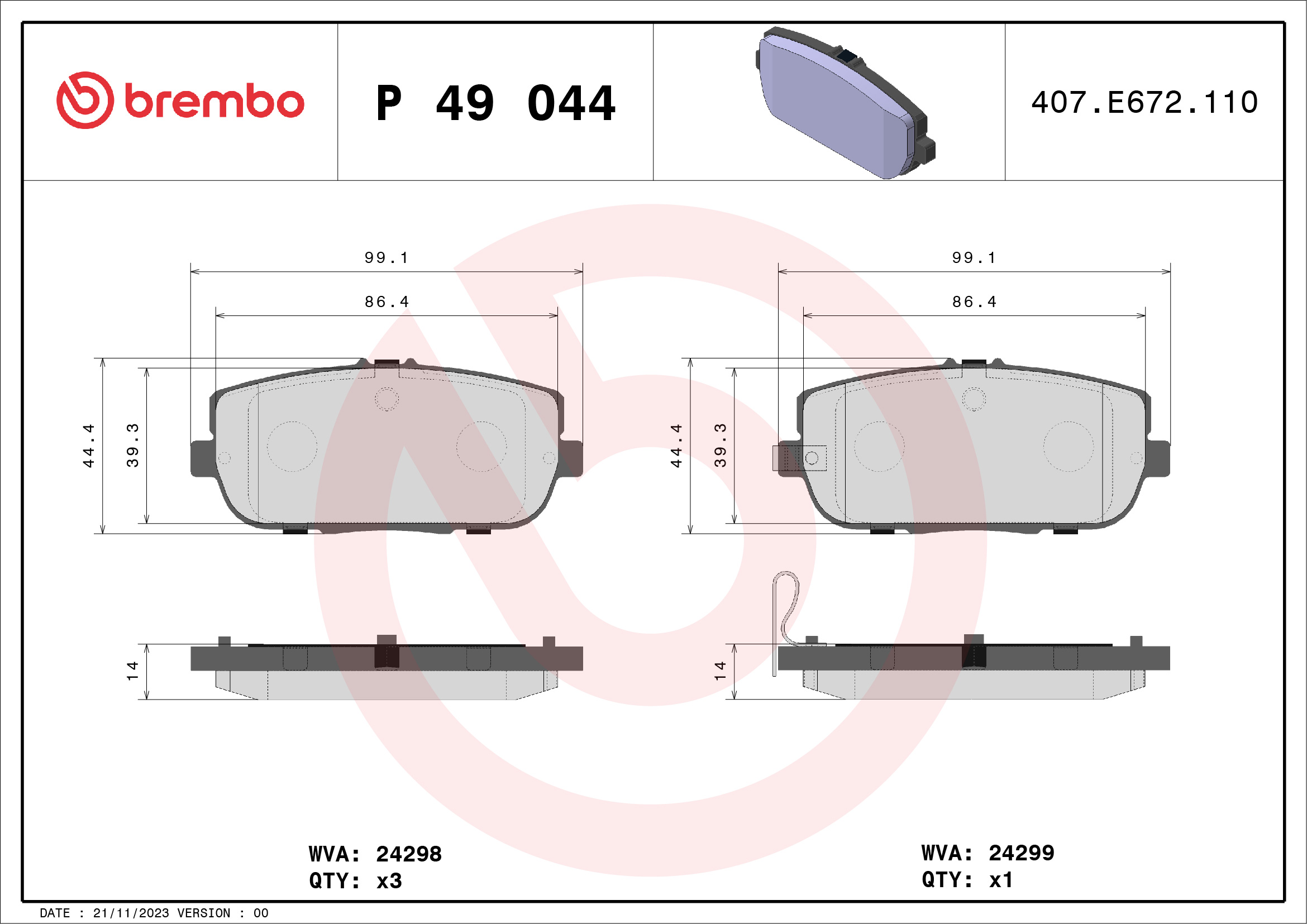 A.B.S. P 49 044 BREMBO Bremsbelagsatz, Scheibenbremse